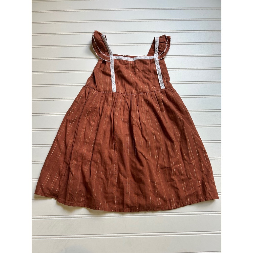 Janie and Jack Girls Rust Brown Dobby Lace Trim Ruffle Dress Size 4 Metallic